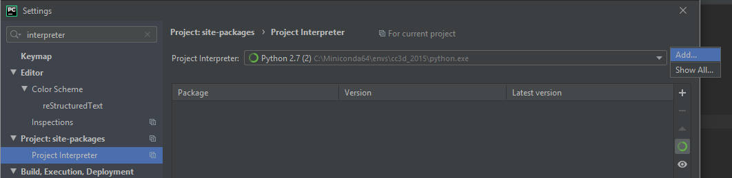Settings, Add Python Interepreter