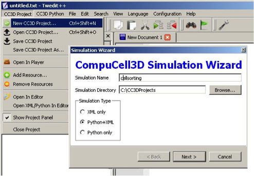 Figure 1 Invoking the CompuCell3D Simulation Wizard from Twedit++.